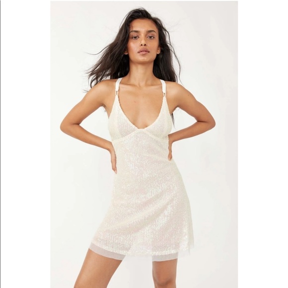 πHPπ FP Free People INTIMATELY Gold Rush Mini Dress in Icicle Pearl Combo Y2K - Picture 5 of 9